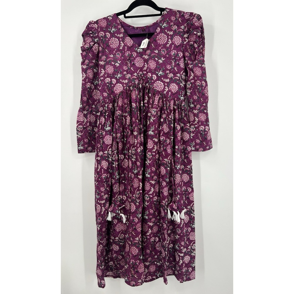 Boho Cotton Block Print Mulberry Women's Size Large Puff Sleeves Purple Floral